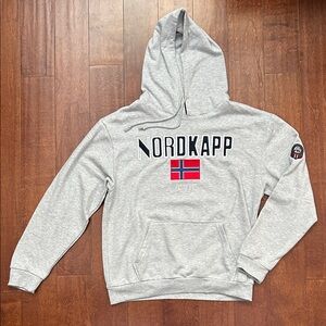 Scandinavian Explorer Men's Light Gray Hoodie with Embroidered Patches, Size XL